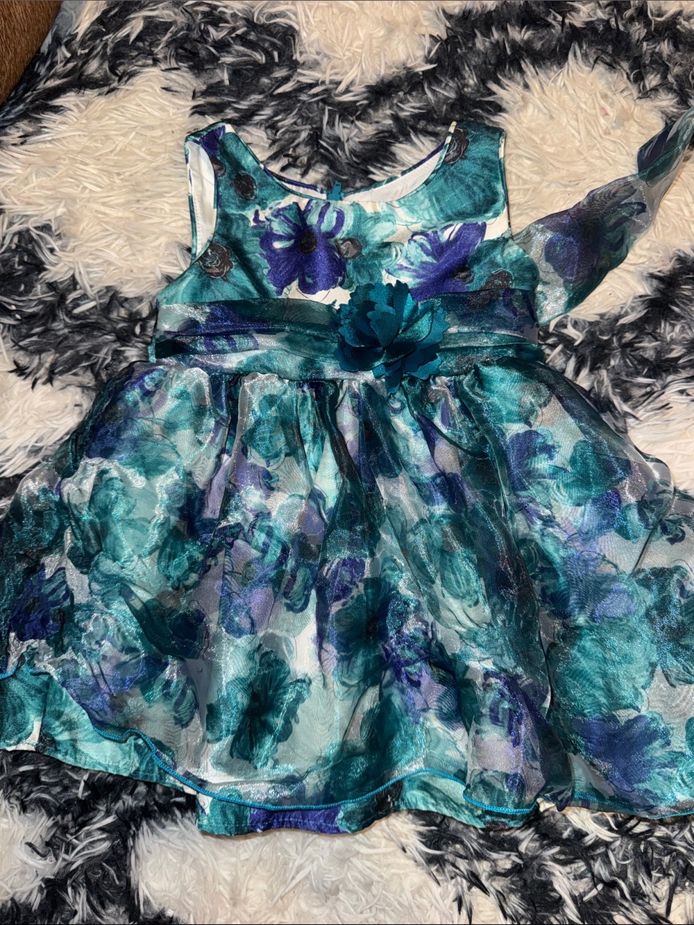 Sweet Heart Rose Teal and Blue Floral Party Dress with Sash Flower